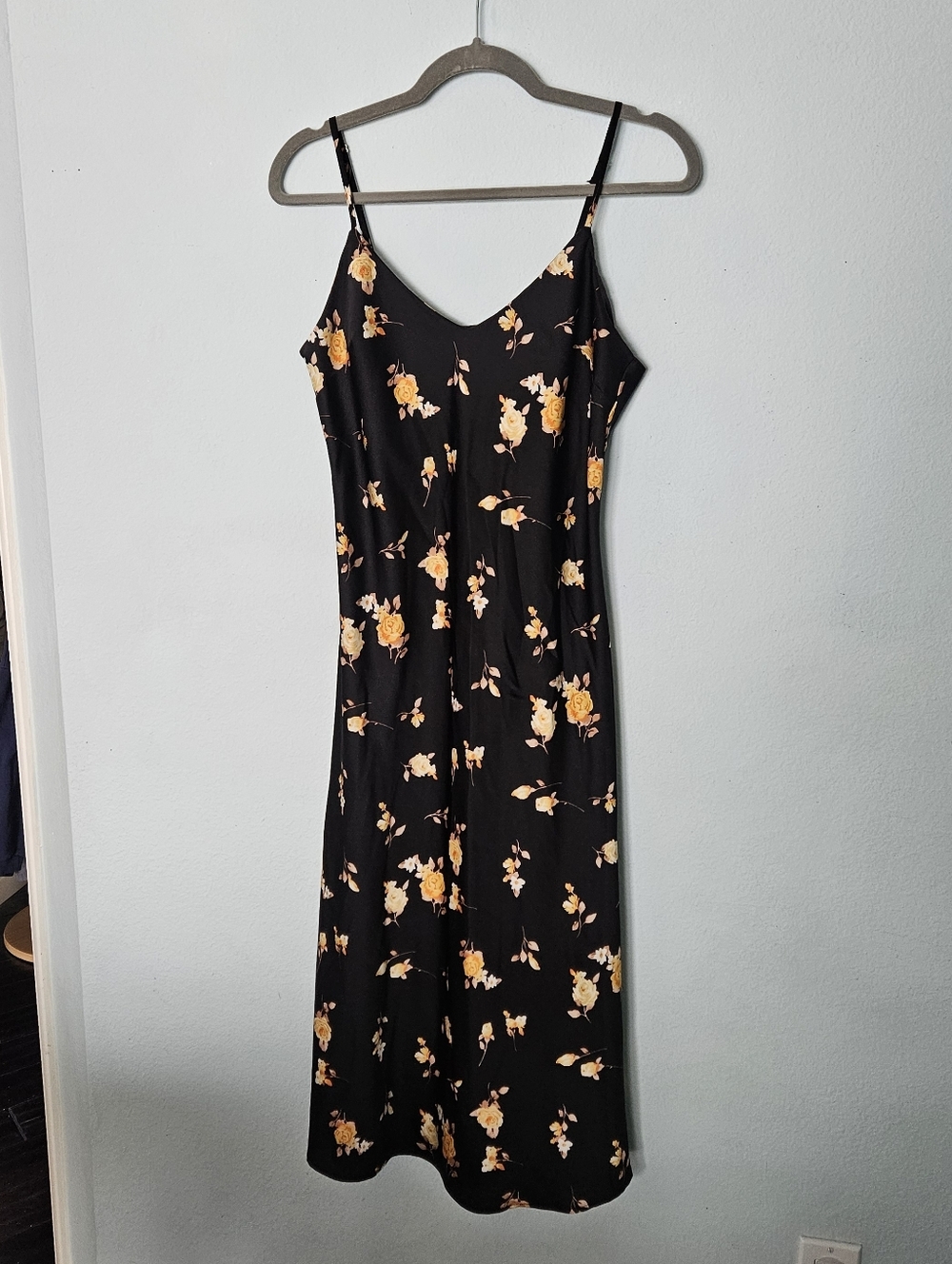 Forever 21 Black Midi Slip Dress with Yellow Floral Print L
